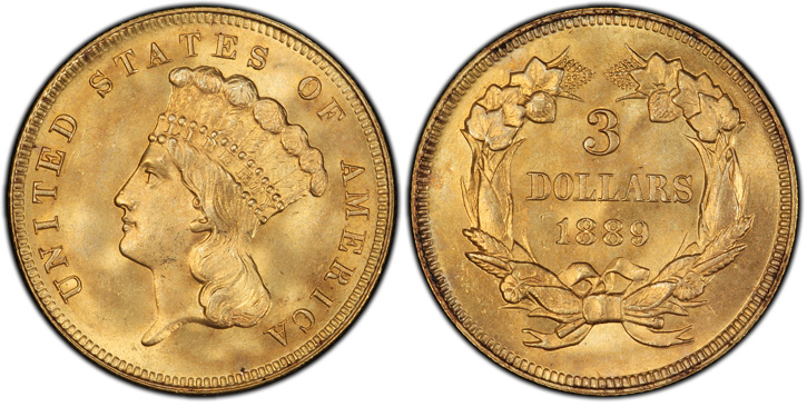1889 Three-Dollar Gold Piece. MS-66 (PCGS).